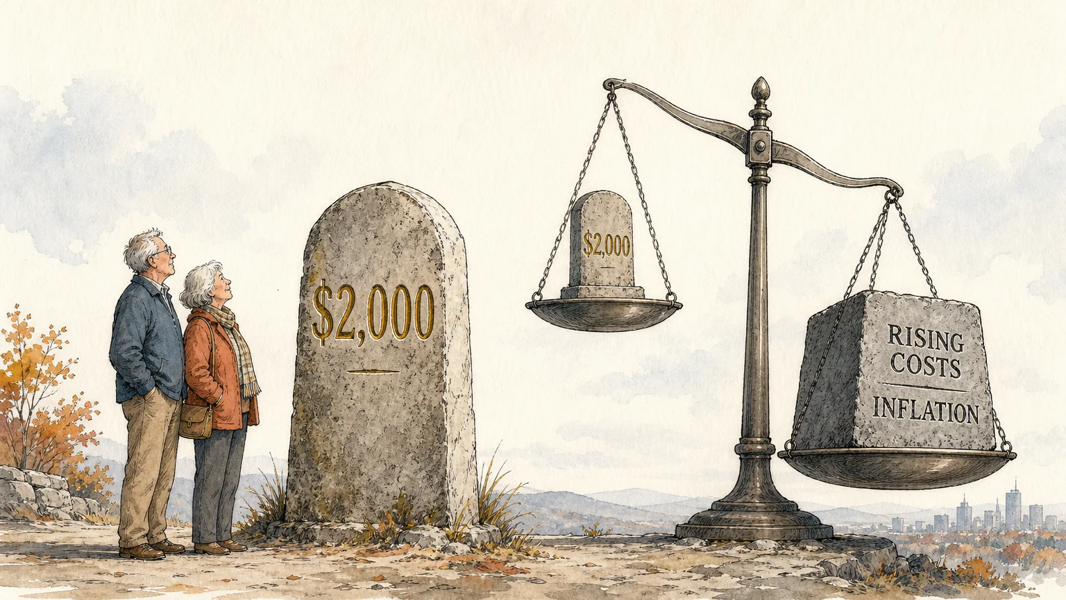 Ink and watercolor illustration of a $2,000 milestone next to a balance scale weighted down by rising living costs.