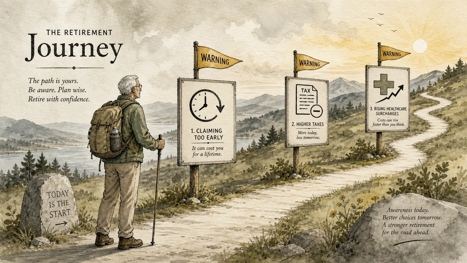 Ink and watercolor illustration of a retirement pathway with warning signs for claiming early, taxes, and healthcare surcharges.