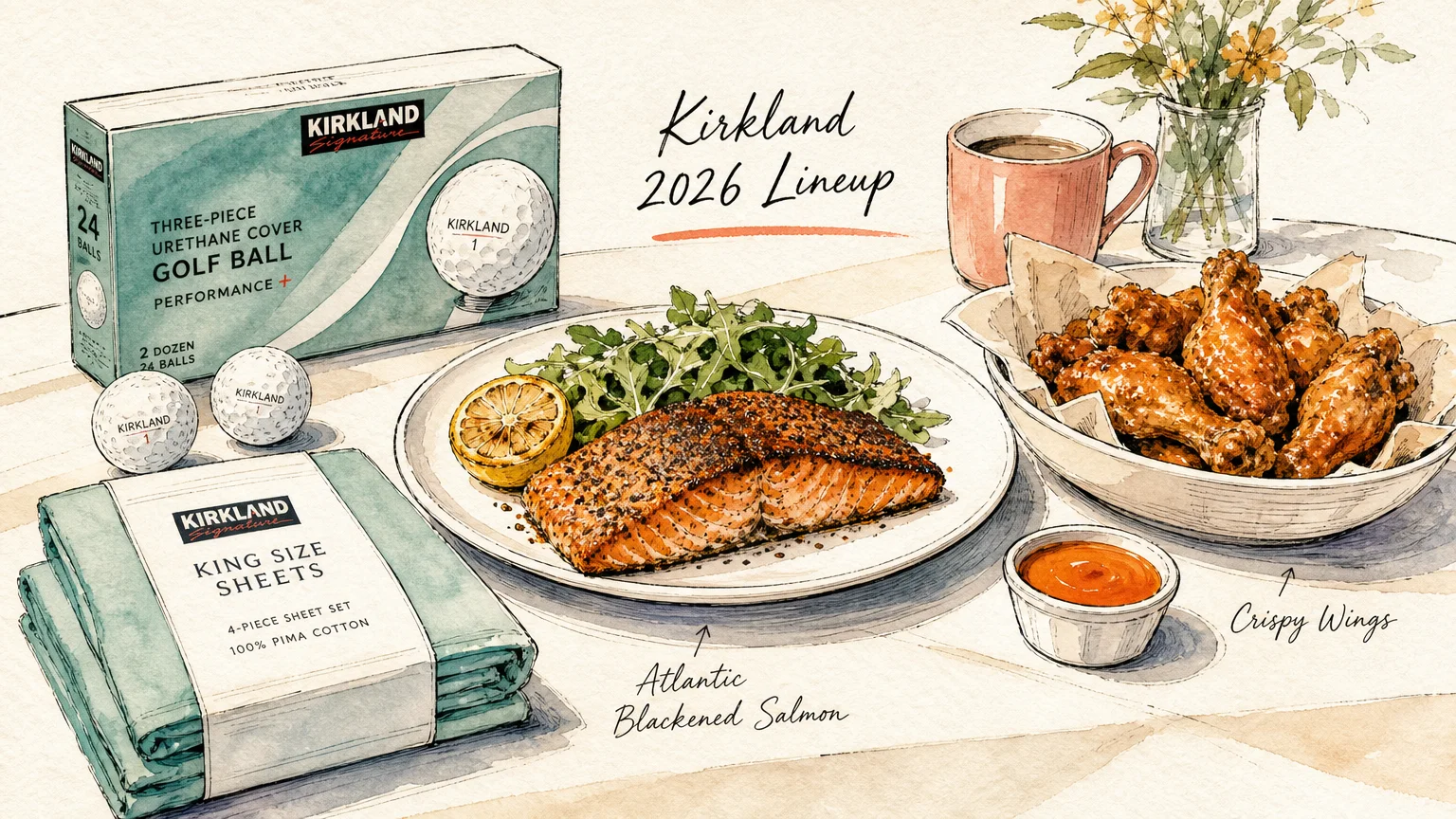Ink and watercolor illustration of salmon, chicken wings, and golf balls from the Kirkland Signature 2026 collection.
