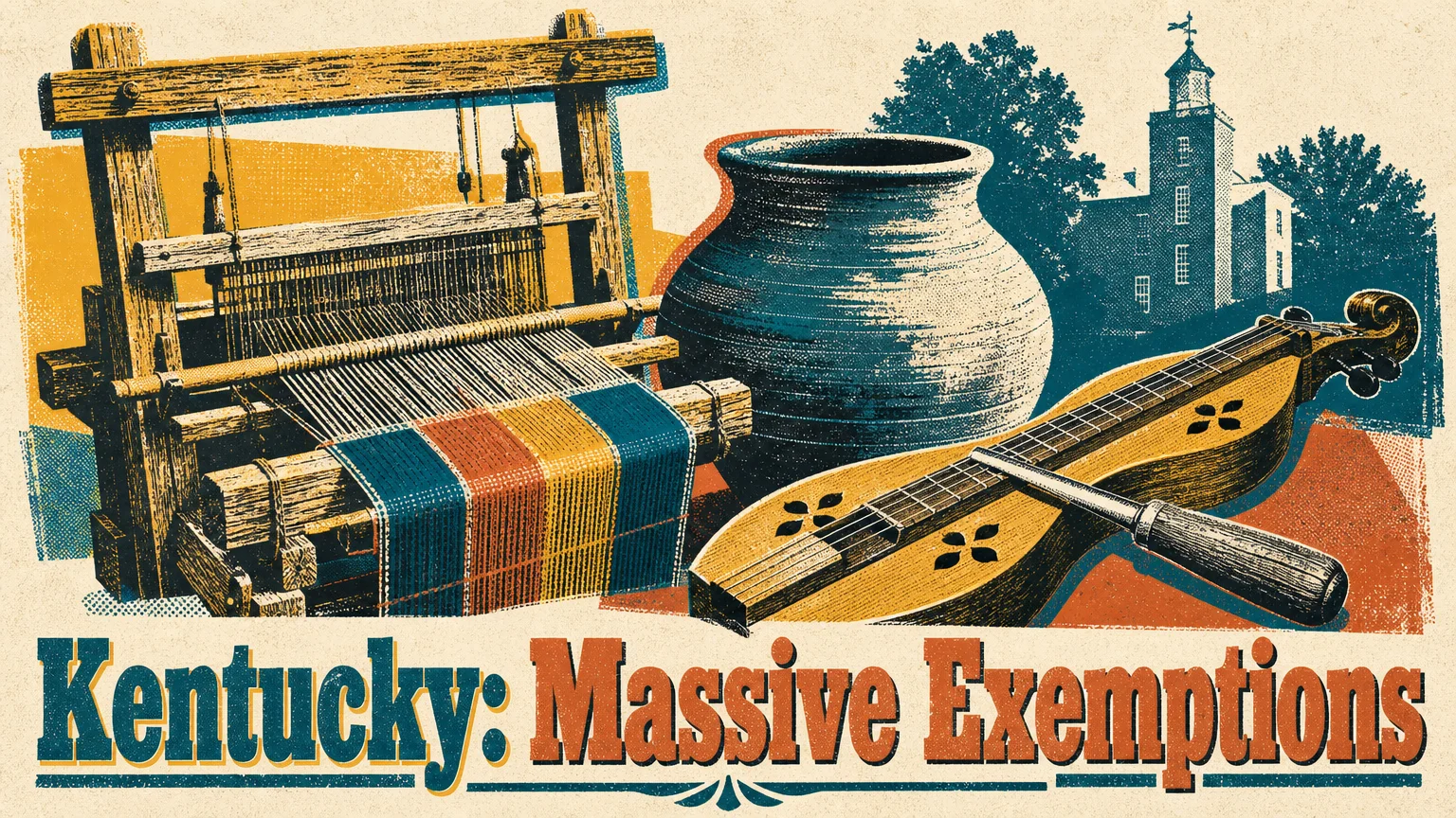 Screenprint illustration of pottery and weaving tools with text about Kentucky's tax exemptions.