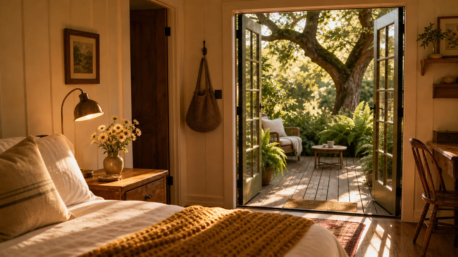 The cozy interior of a sunlit garden guest cottage with clean linens and fresh flowers, looking out onto a wooden deck.