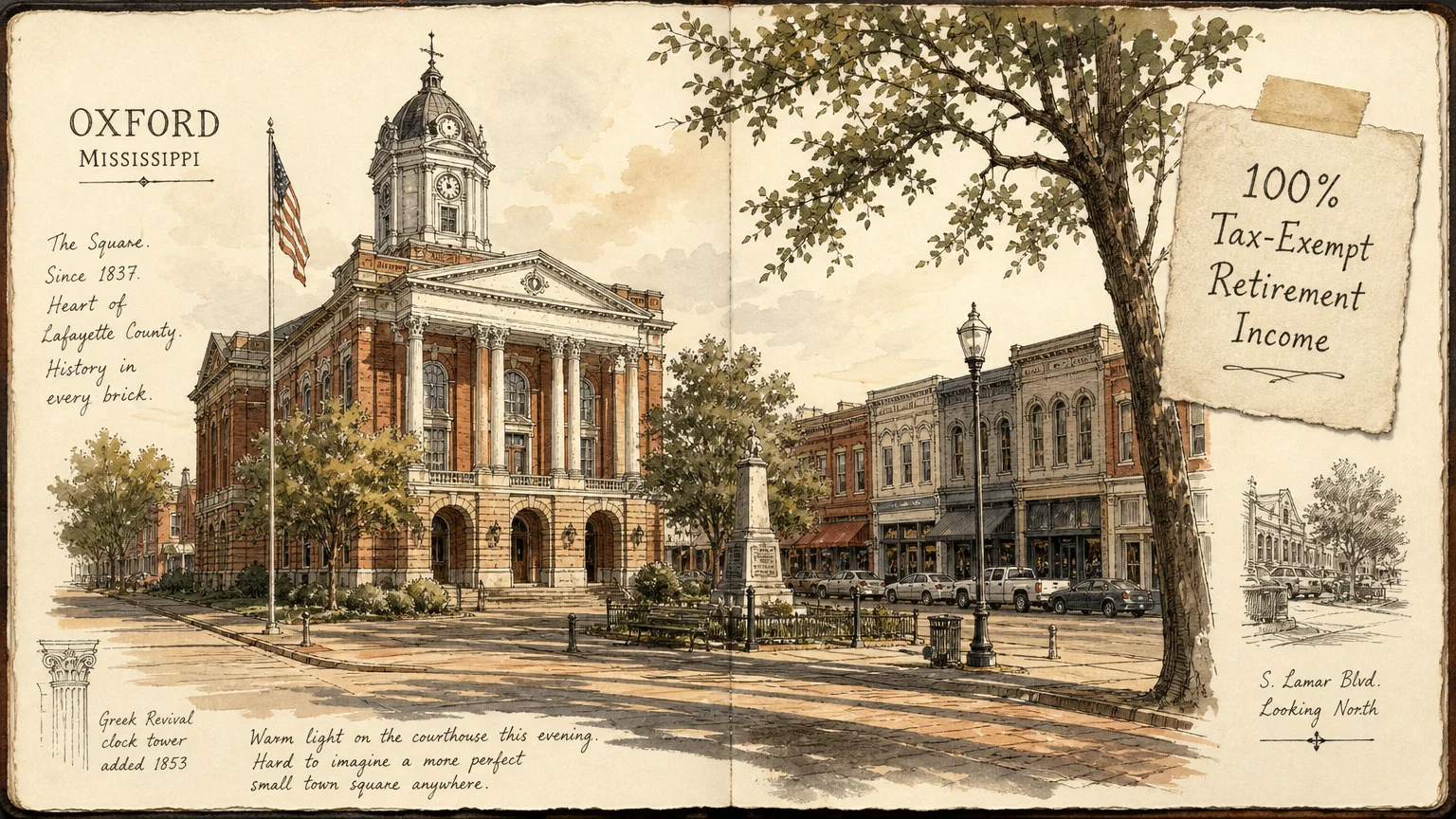 Travel journal style illustration of the Oxford Square with a note about tax-exempt retirement income.