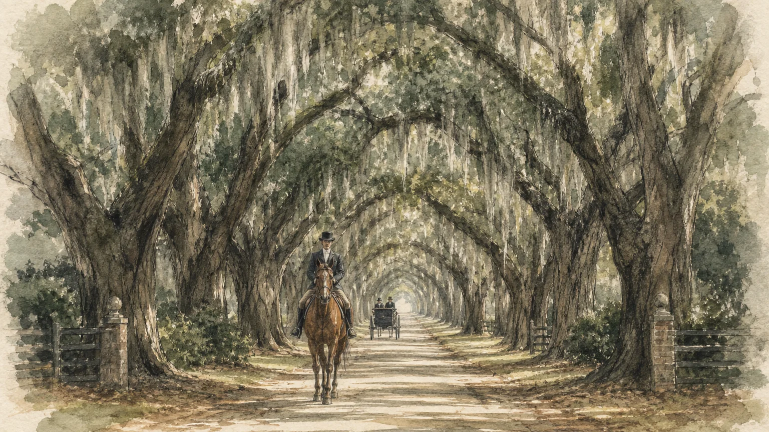 Watercolor and charcoal drawing of a horse and rider under mossy oak trees in Aiken.