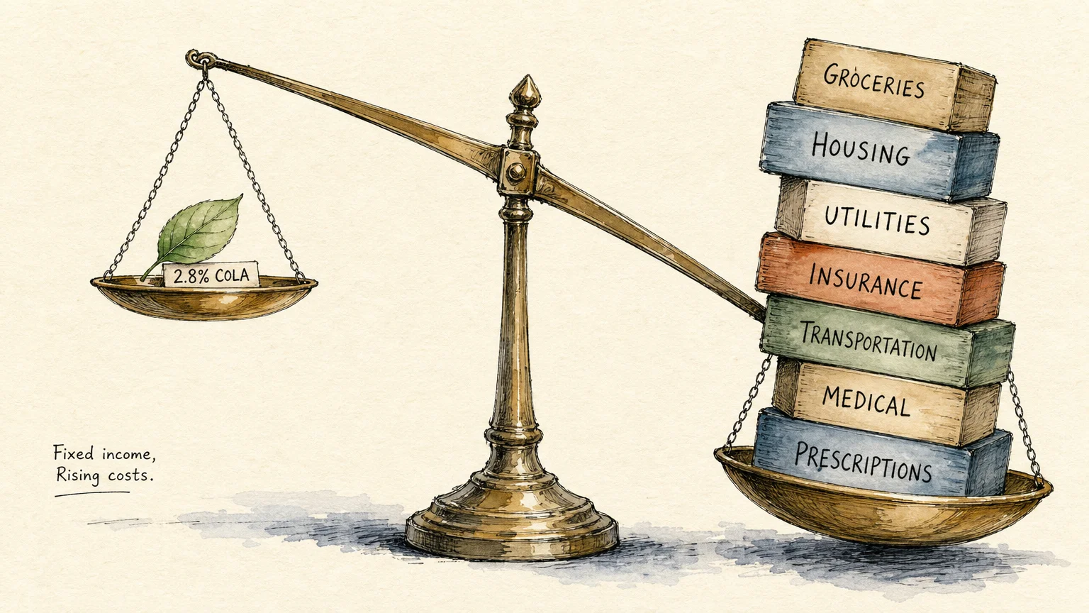 Watercolor illustration of a balance scale tipped heavily by blocks representing living costs against a small leaf labeled 2.8% COLA.