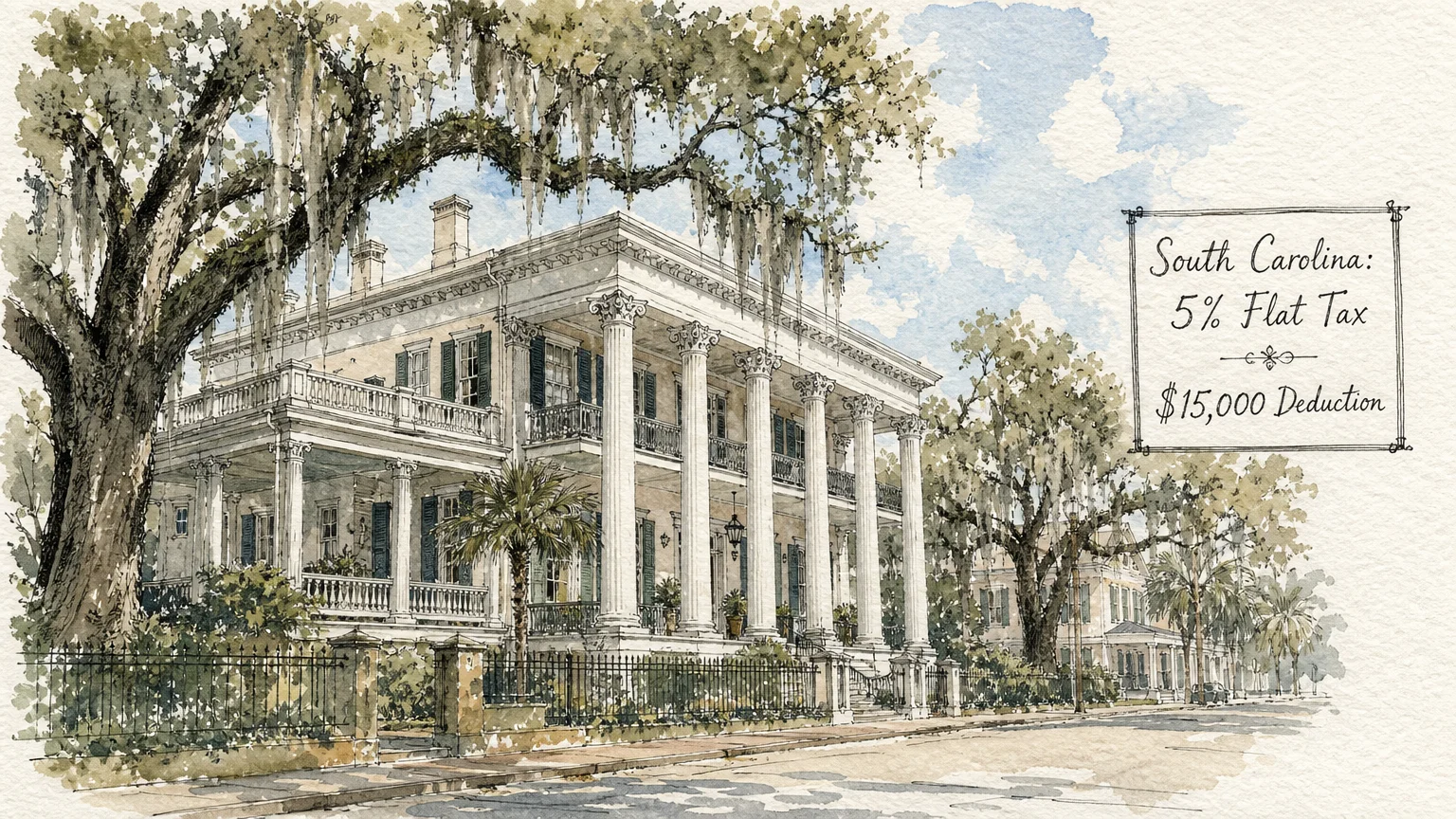 Watercolor illustration of a historic Beaufort mansion with text highlighting South Carolina's 5% flat tax and retirement deductions.