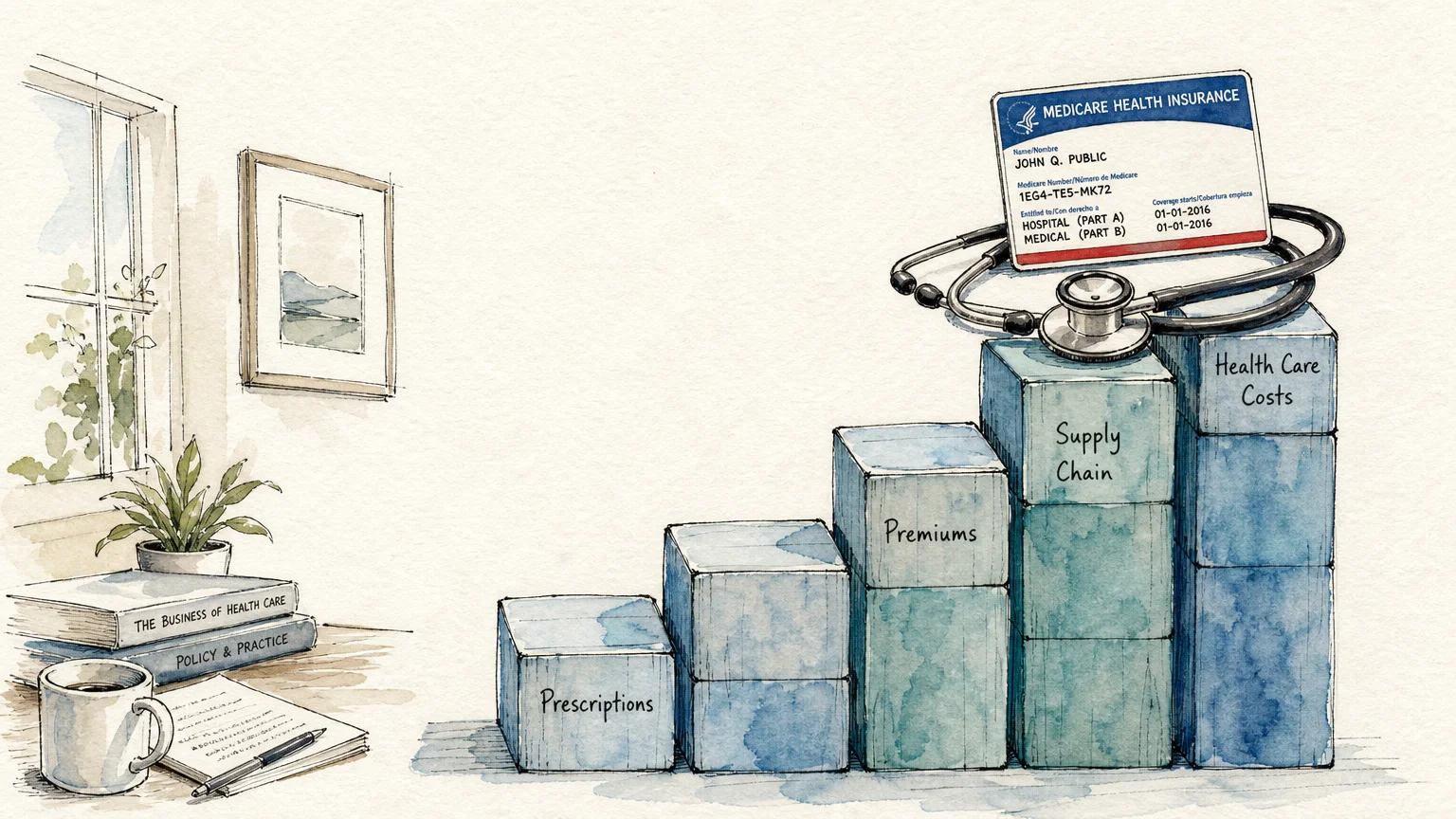 Watercolor illustration of a Medicare card and stethoscope on a rising bar chart of wooden blocks.