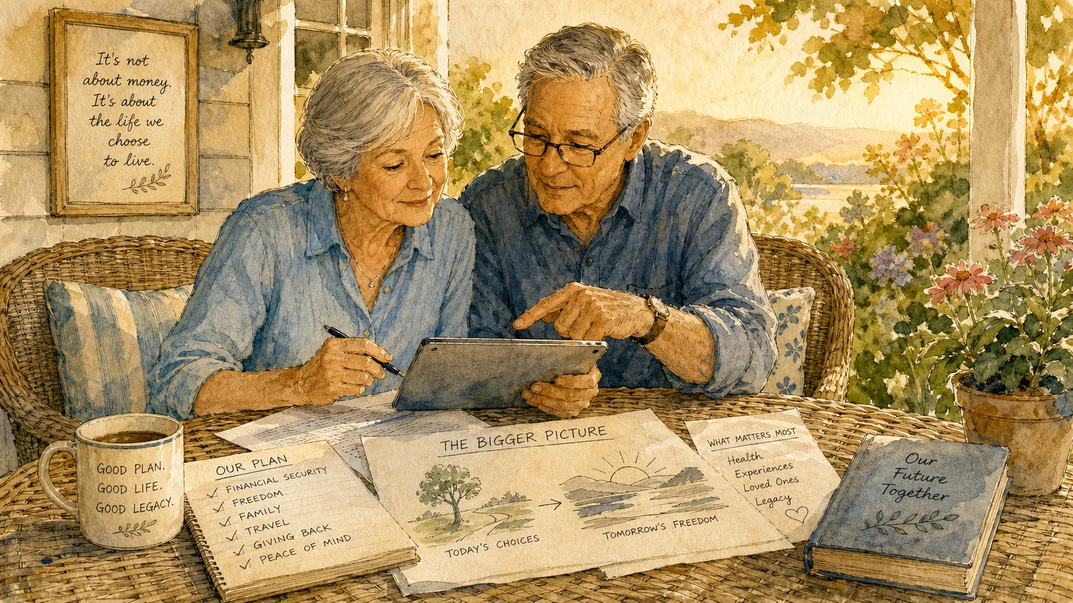 Watercolor illustration of a senior couple reviewing financial documents together on a sunny porch.