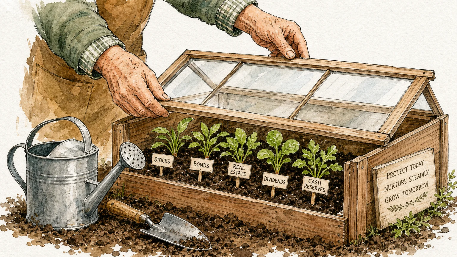 Watercolor illustration of hands building a protective wooden frame around young green plants, symbolizing asset protection.
