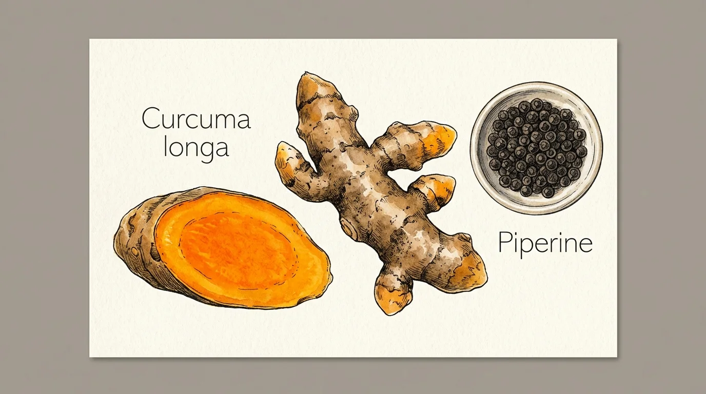 A botanical watercolor illustration of sliced turmeric root and black peppercorns.