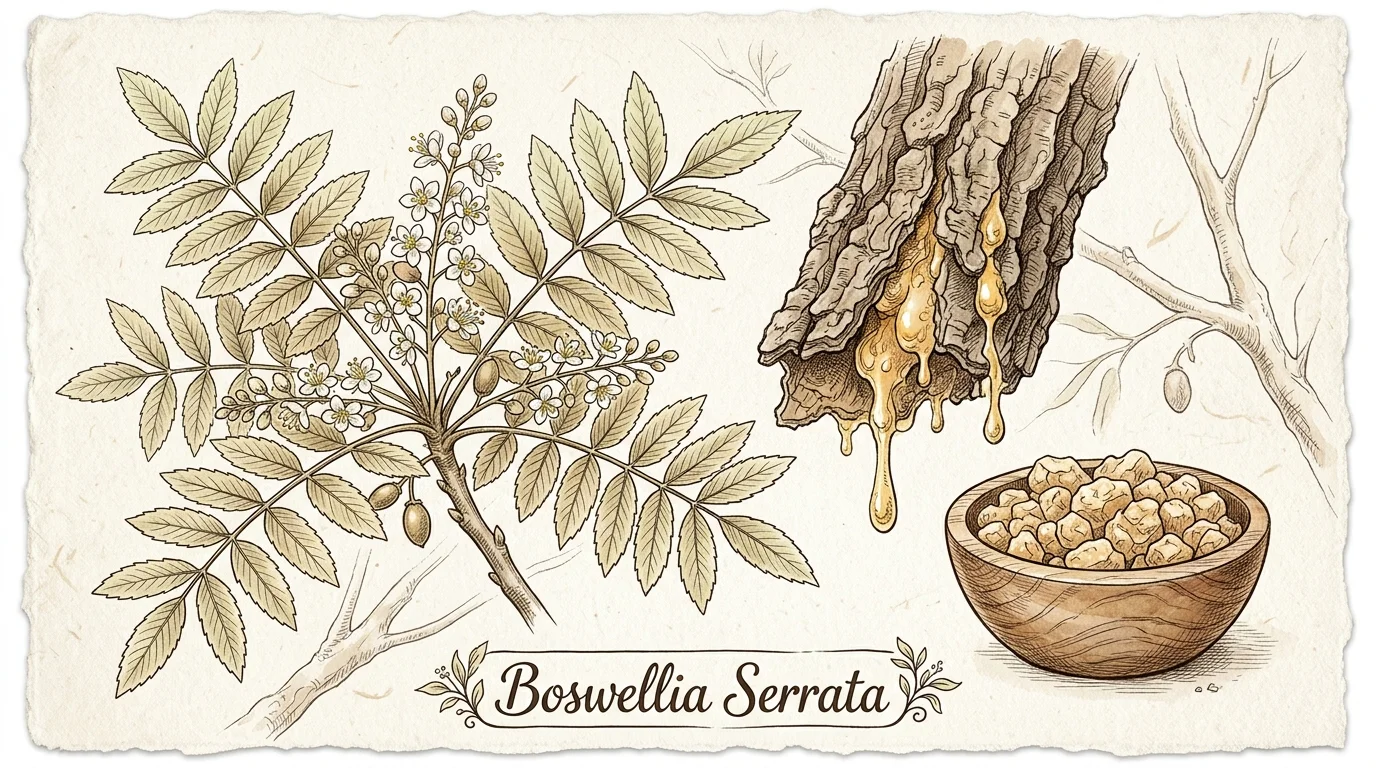 A botanical watercolor sketch of Boswellia serrata leaves, flowers, and golden resin tears.