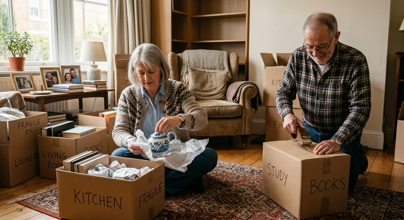 A candid snapshot of a retired couple packing boxes together in their sunlit, cozy midwestern living room.