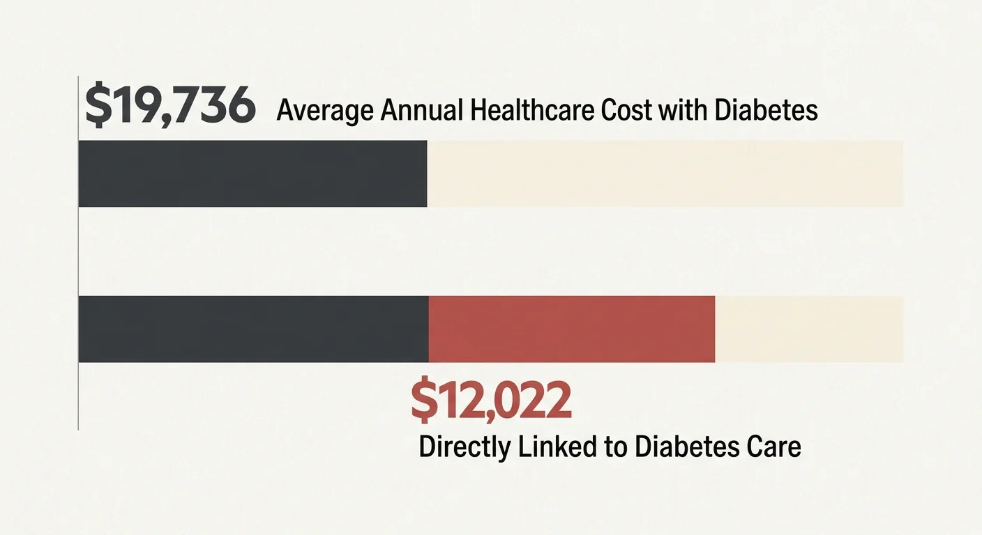 A clean bar chart comparing average healthcare costs with diabetes, highlighting the $12,022 directly linked to diabetes care.