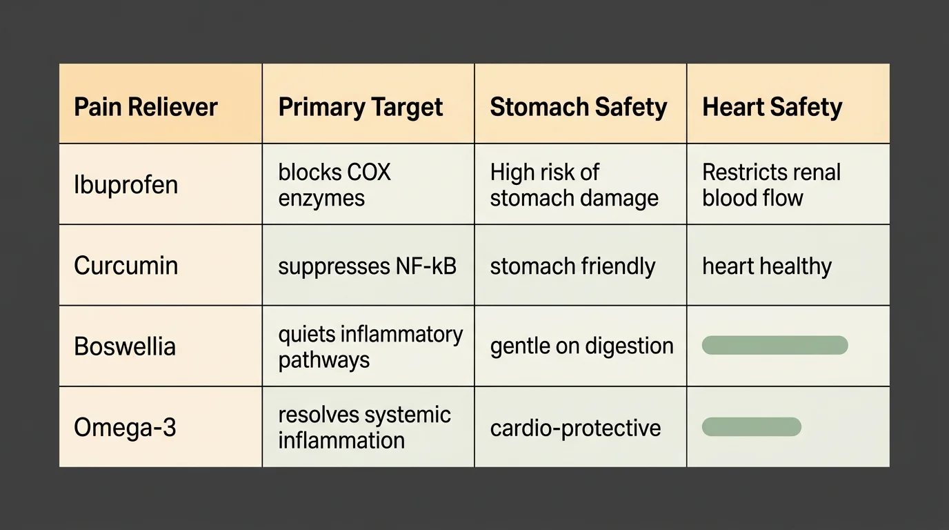 A clean data table comparing Ibuprofen, Curcumin, Boswellia, and Omega-3 on target, stomach safety, and heart safety.
