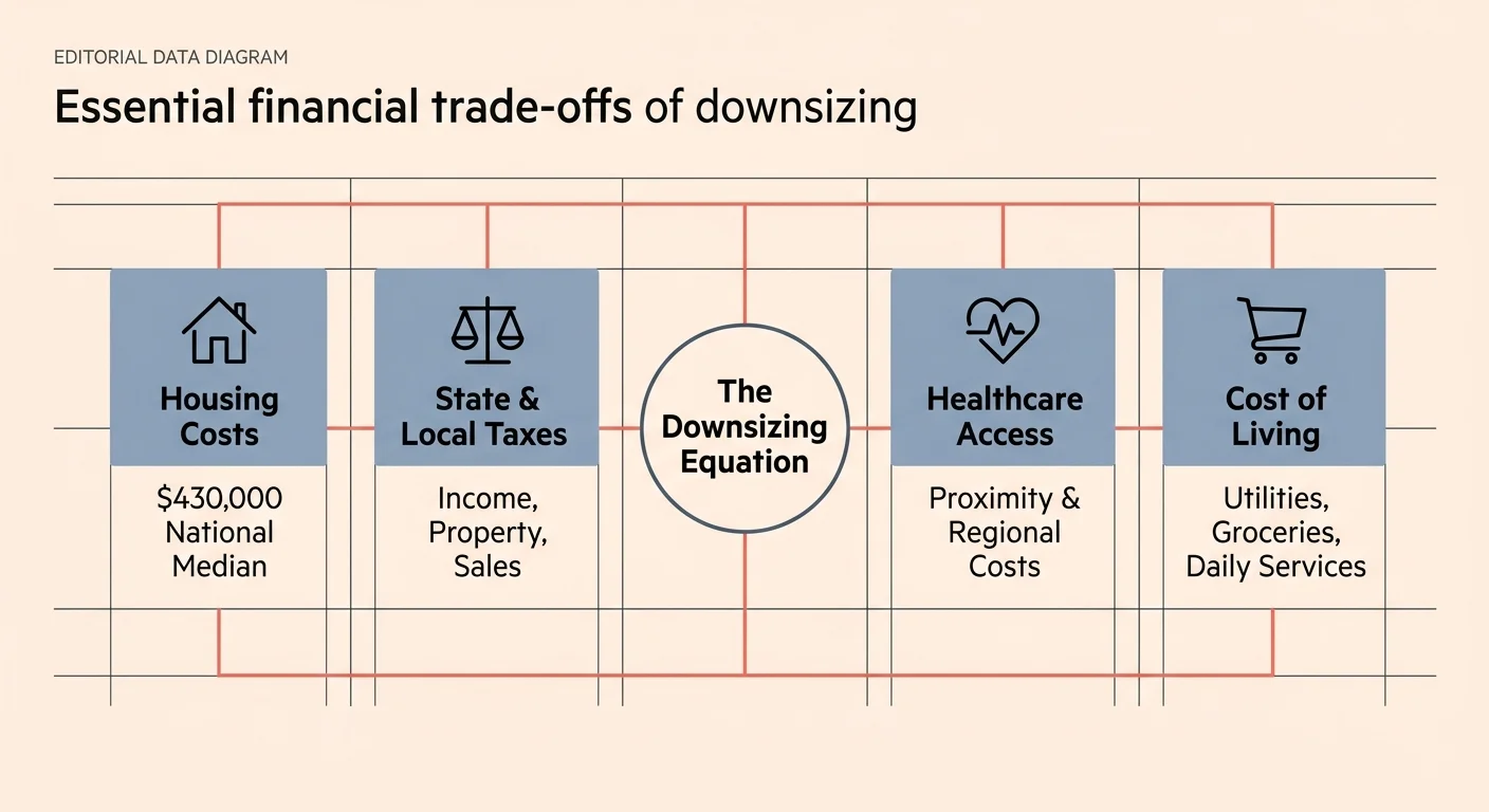A clean financial diagram outlining the four primary costs to balance when downsizing in retirement.