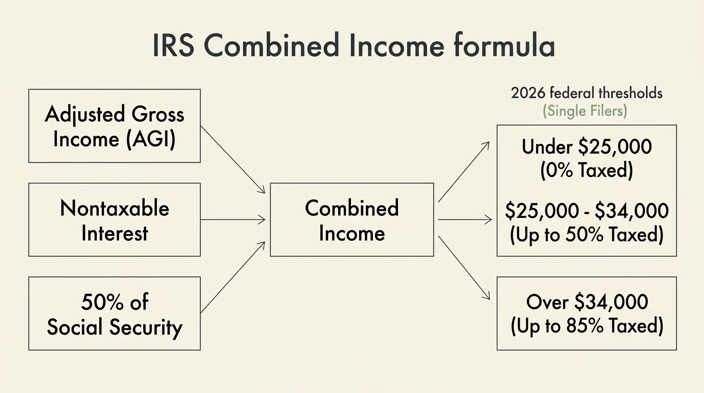 A clean flowchart showing how AGI, nontaxable interest, and half of Social Security benefits combine to meet federal tax thresholds.