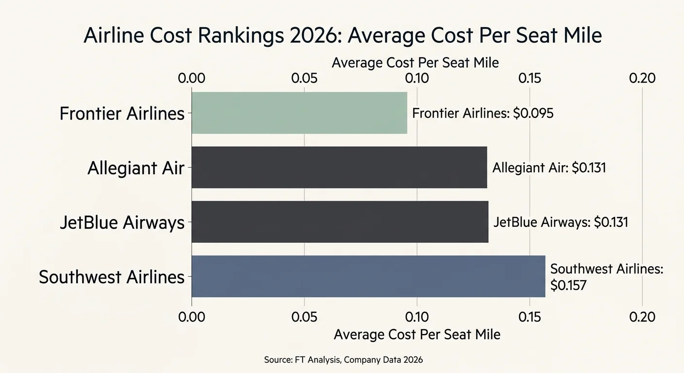 A clean horizontal bar chart showing the average cost per seat mile for Frontier, Allegiant, JetBlue, and Southwest in 2026.