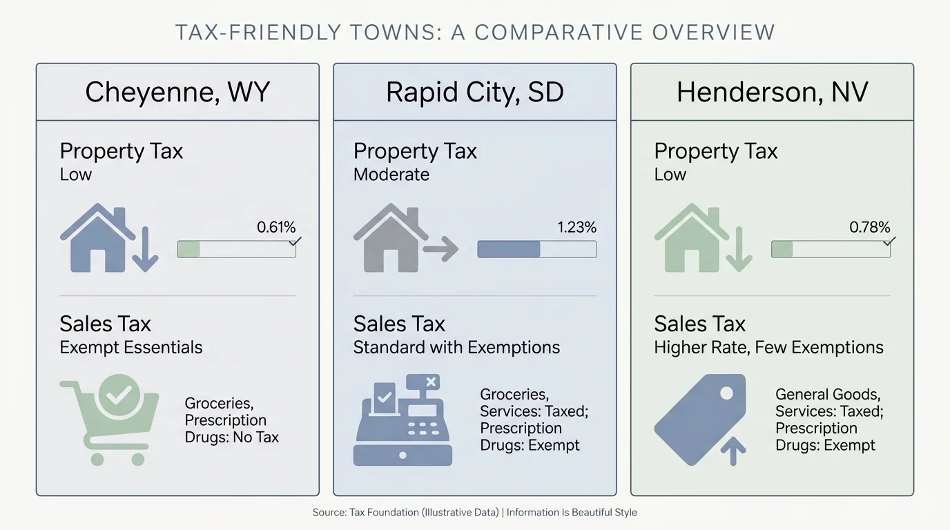 A clean, horizontal comparison diagram comparing the tax structures of top retirement towns.
