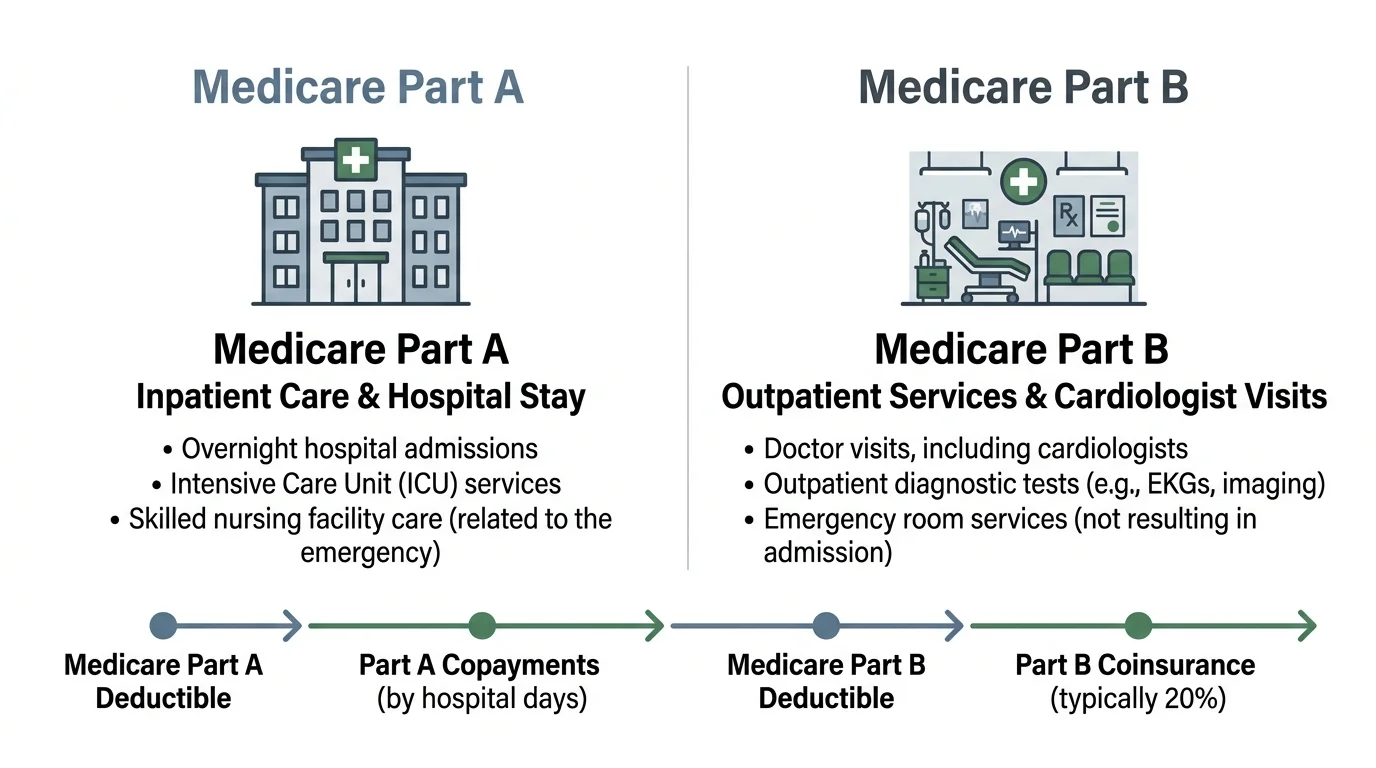A clean, horizontal diagram comparing Medicare Part A hospital coverage versus Part B outpatient services.