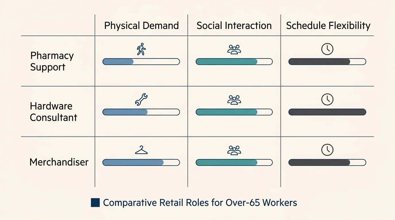 A clean horizontal diagram comparing retail roles like Pharmacy Support and Hardware Consultant on physical demand and flexibility.