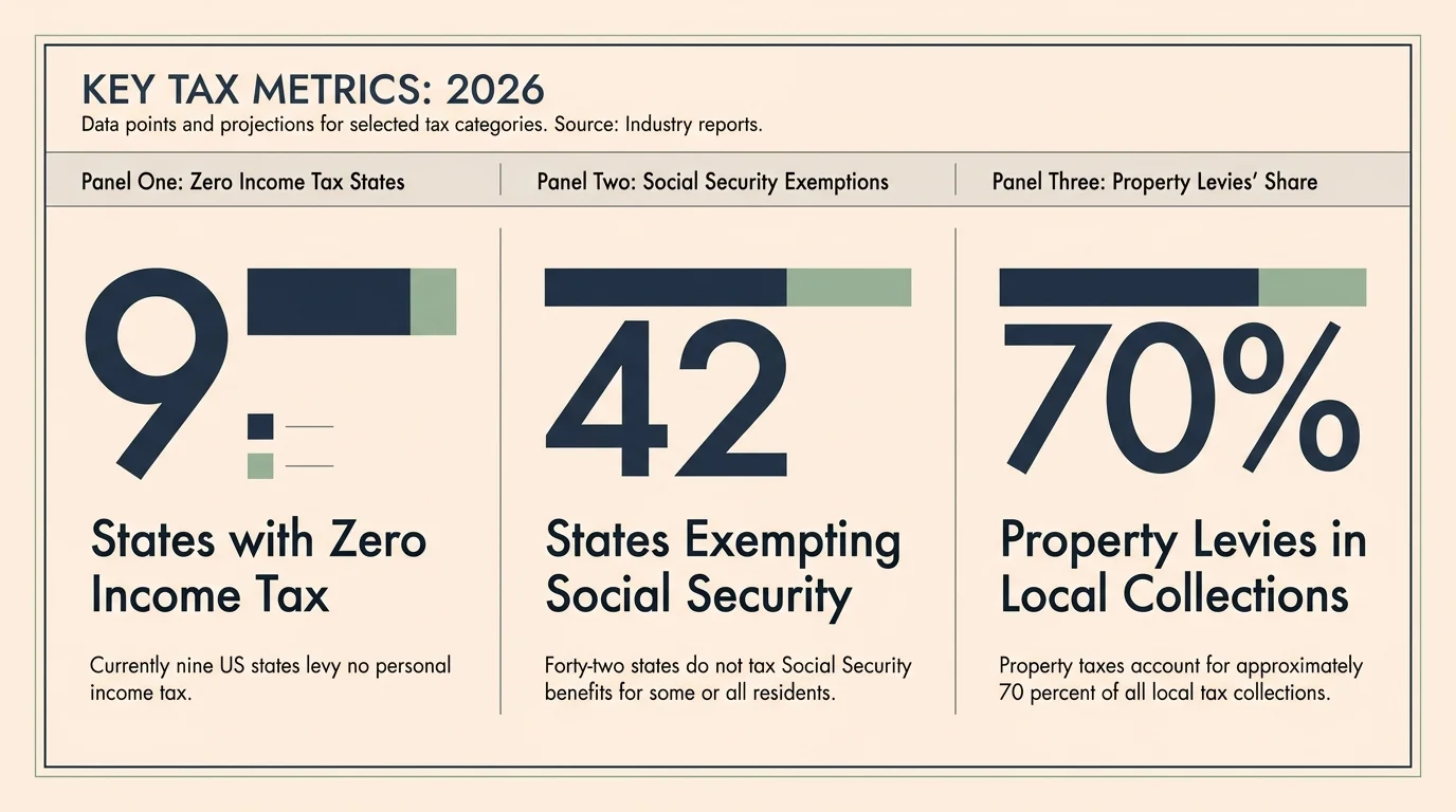 A clean horizontal infographic showing key 2026 tax statistics: 9 states with zero income tax, 42 states exempting Social Security, and 70%