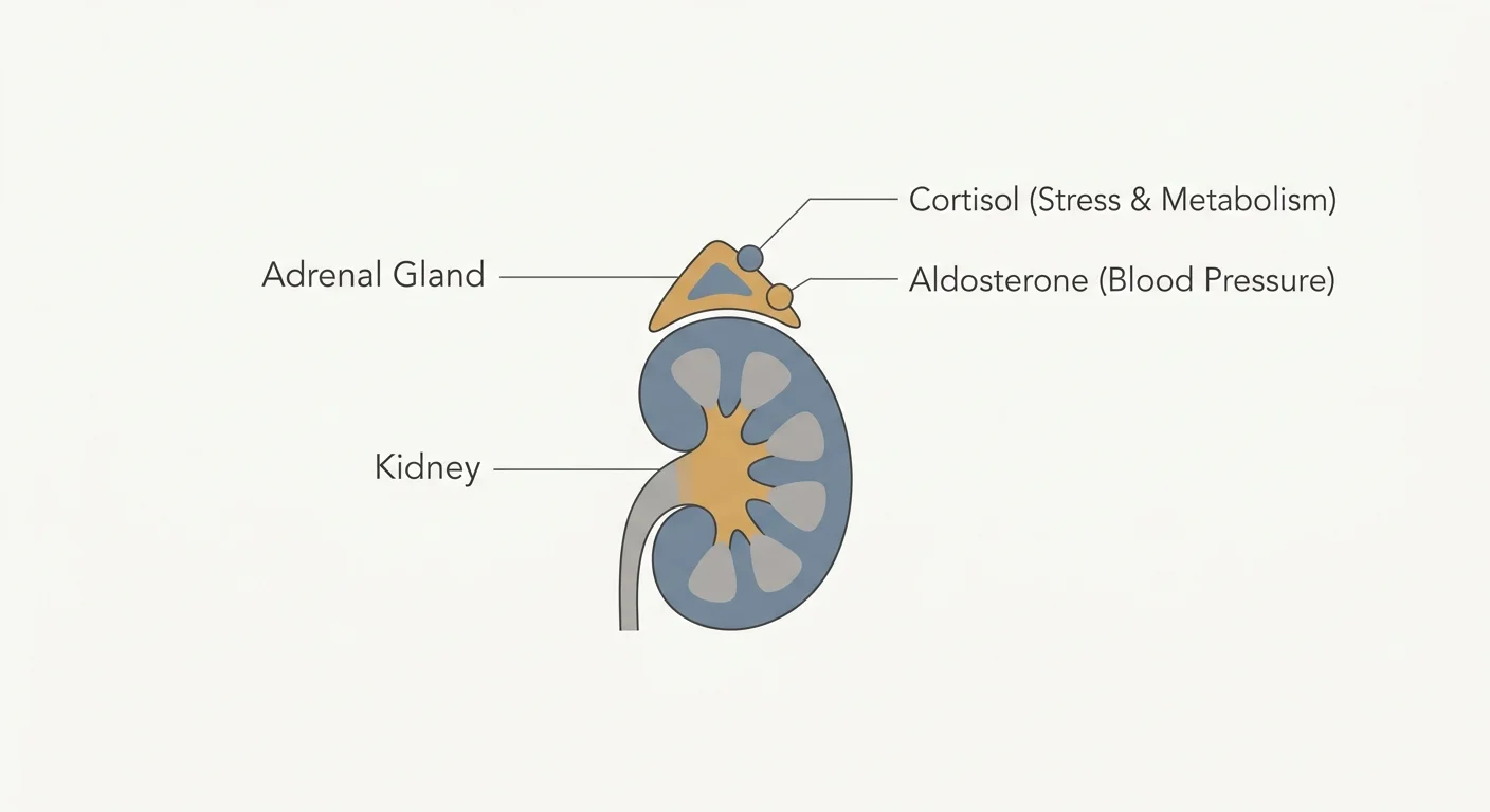 A clean, minimalist diagram of a kidney and adrenal gland, with clear labels for cortisol and aldosterone.