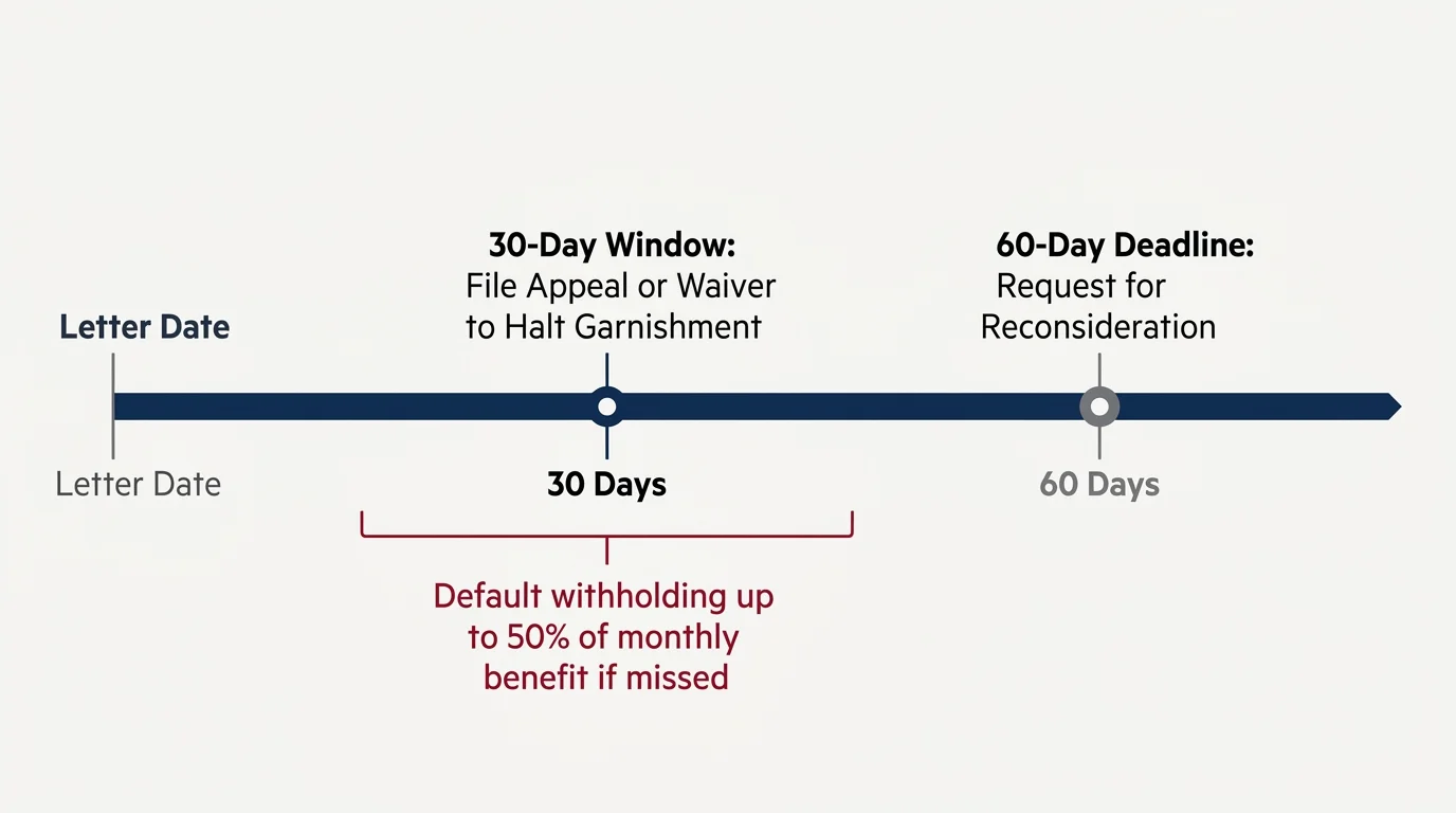 A clean timeline diagram showing the critical 30-day window to halt garnishment and the 60-day deadline to file for reconsideration.