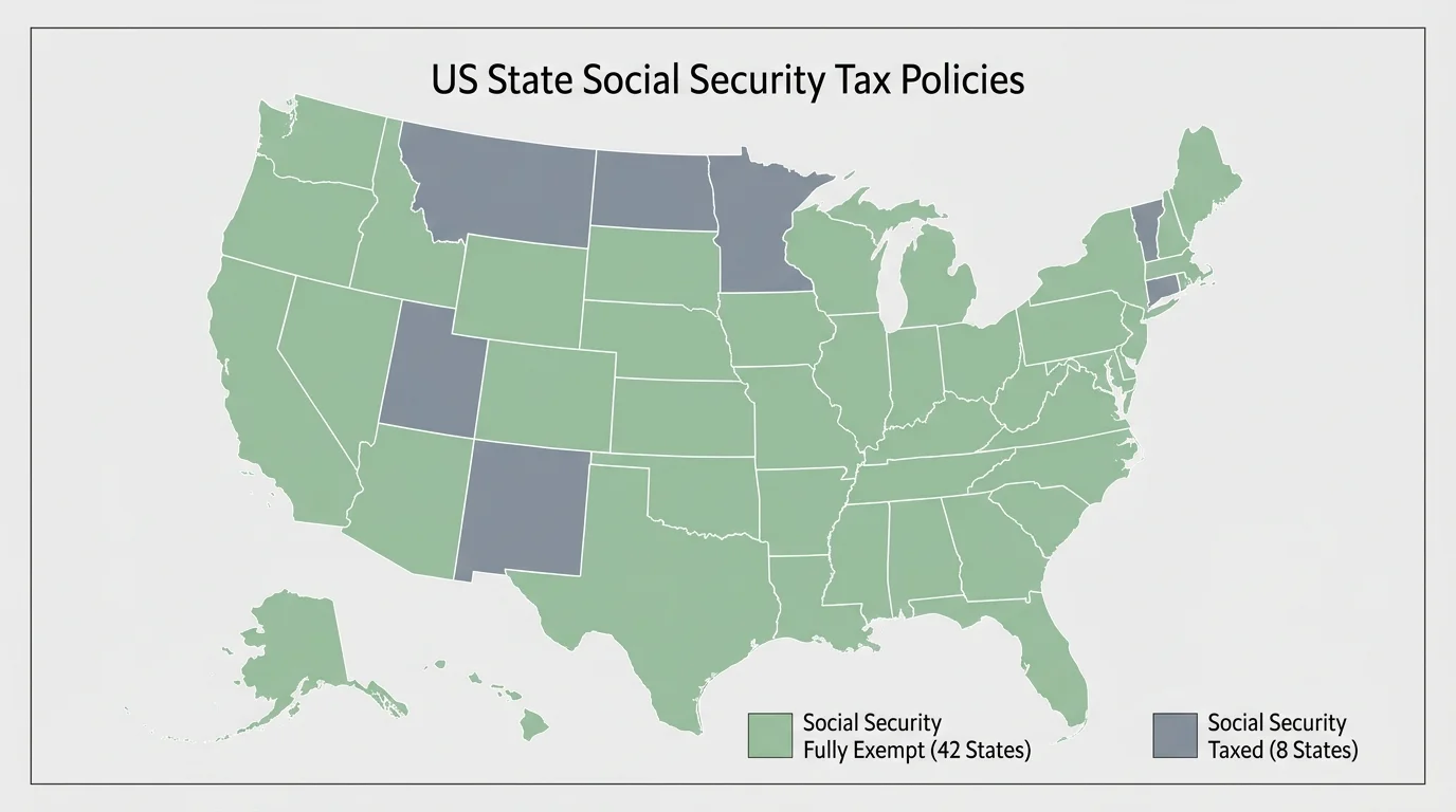 A clean U.S. map diagram showing 42 states exempting Social Security in sage green, and 8 states taxing it in slate gray.