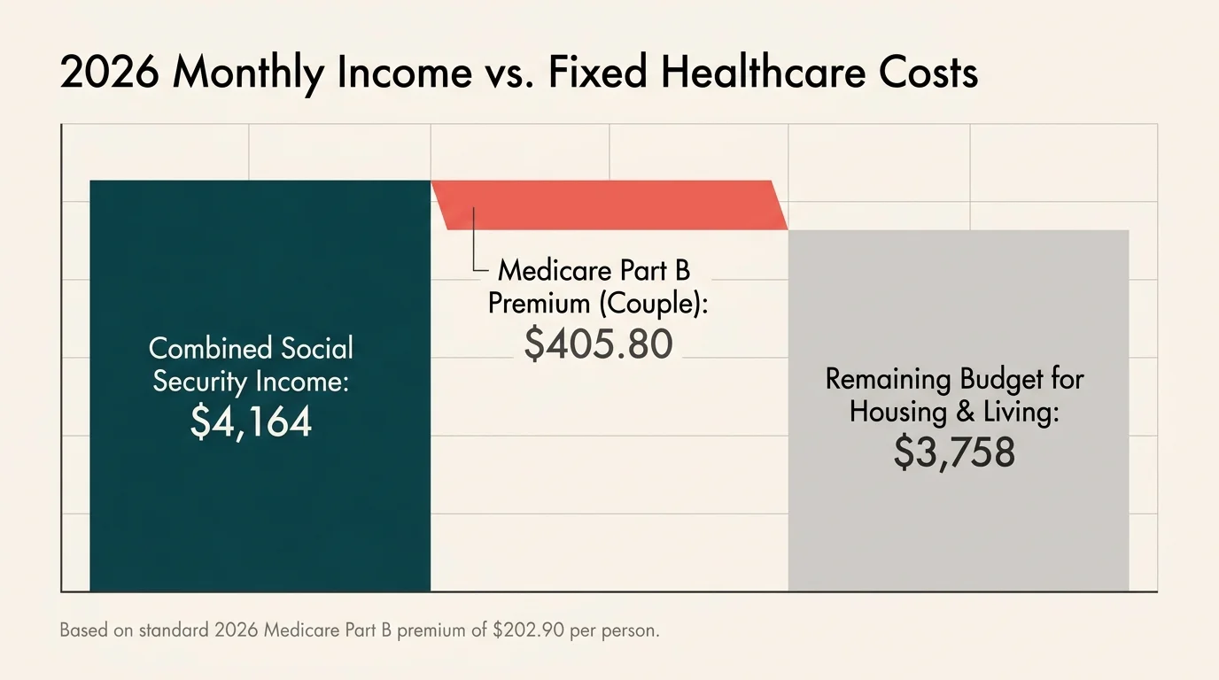 A clear data chart showing how a couple's $4,164 monthly Social Security benefit is reduced by a $405.80 Medicare Part B premium.