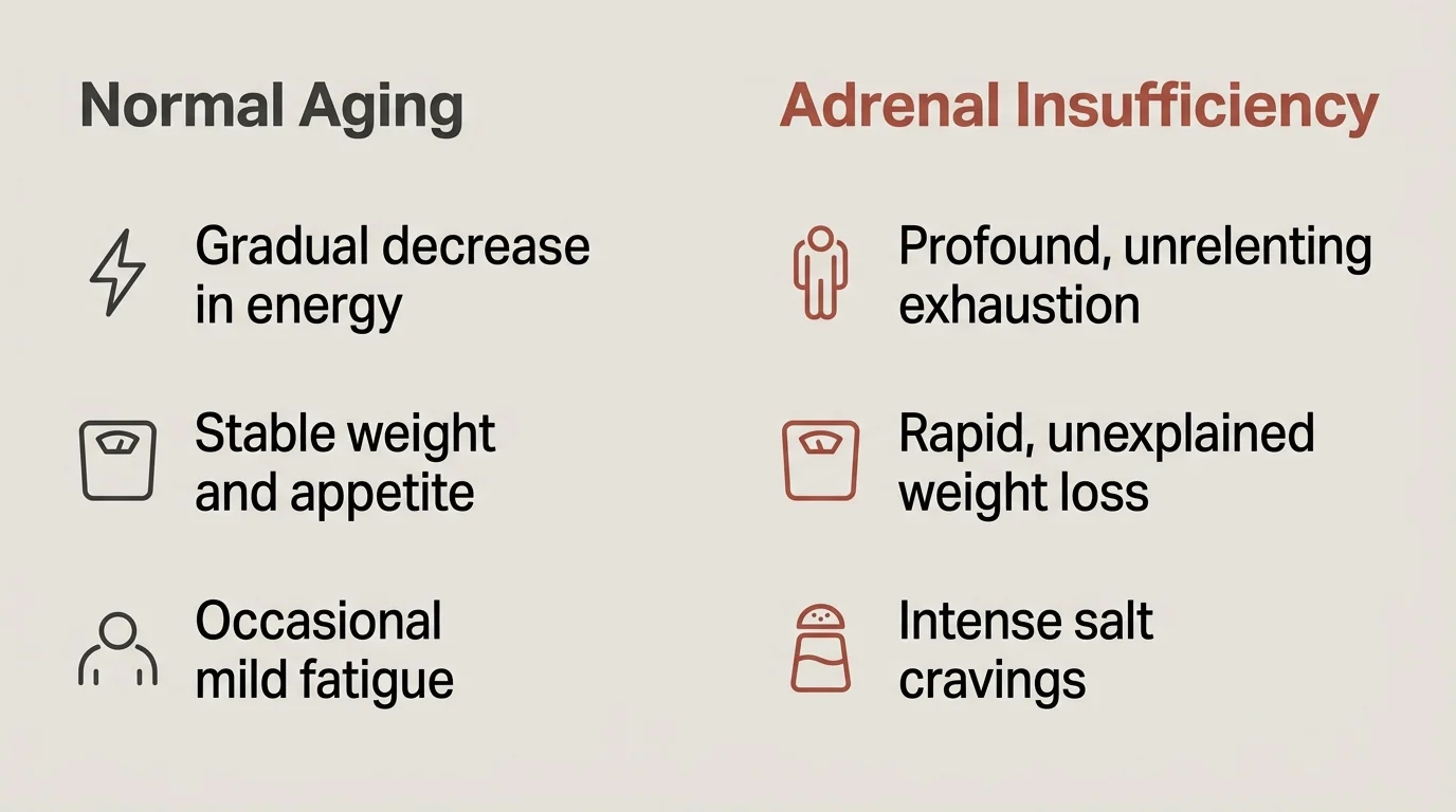 A clear, side-by-side comparison chart comparing the symptoms of normal aging with those of adrenal insufficiency.