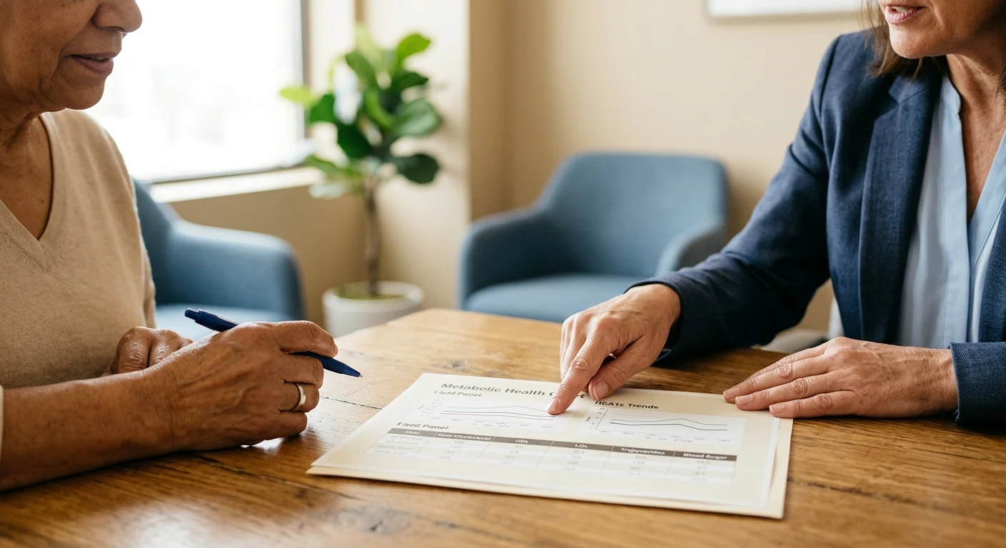 A close-up of a doctor and an older patient reviewing a health chart together during a supportive medical consultation.