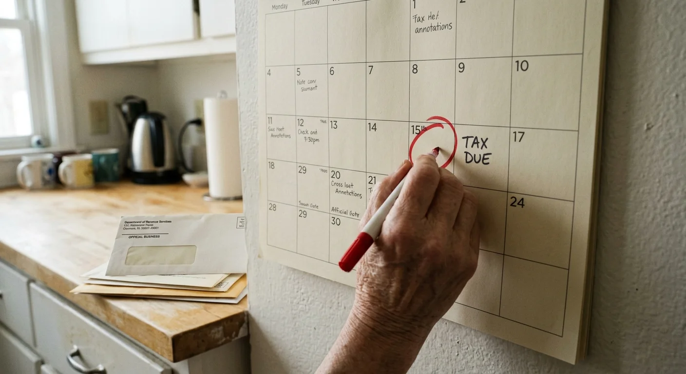 A close-up photo of an older hand circling a date on a paper wall calendar in red ink next to a stack of mail.