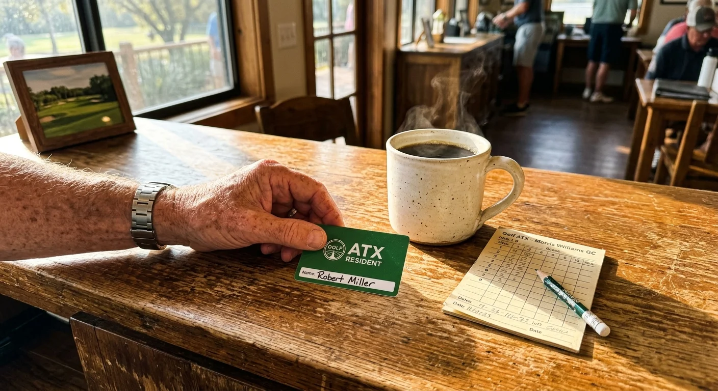 A close-up photograph of a senior's hand placing a Golf ATX Resident card on a wooden clubhouse counter next to a coffee mug.