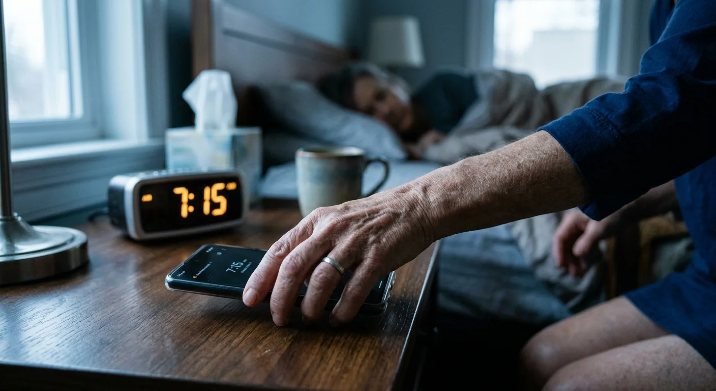 A close-up photograph of a senior's hand reaching for a telephone on a bedside table in the early morning light.