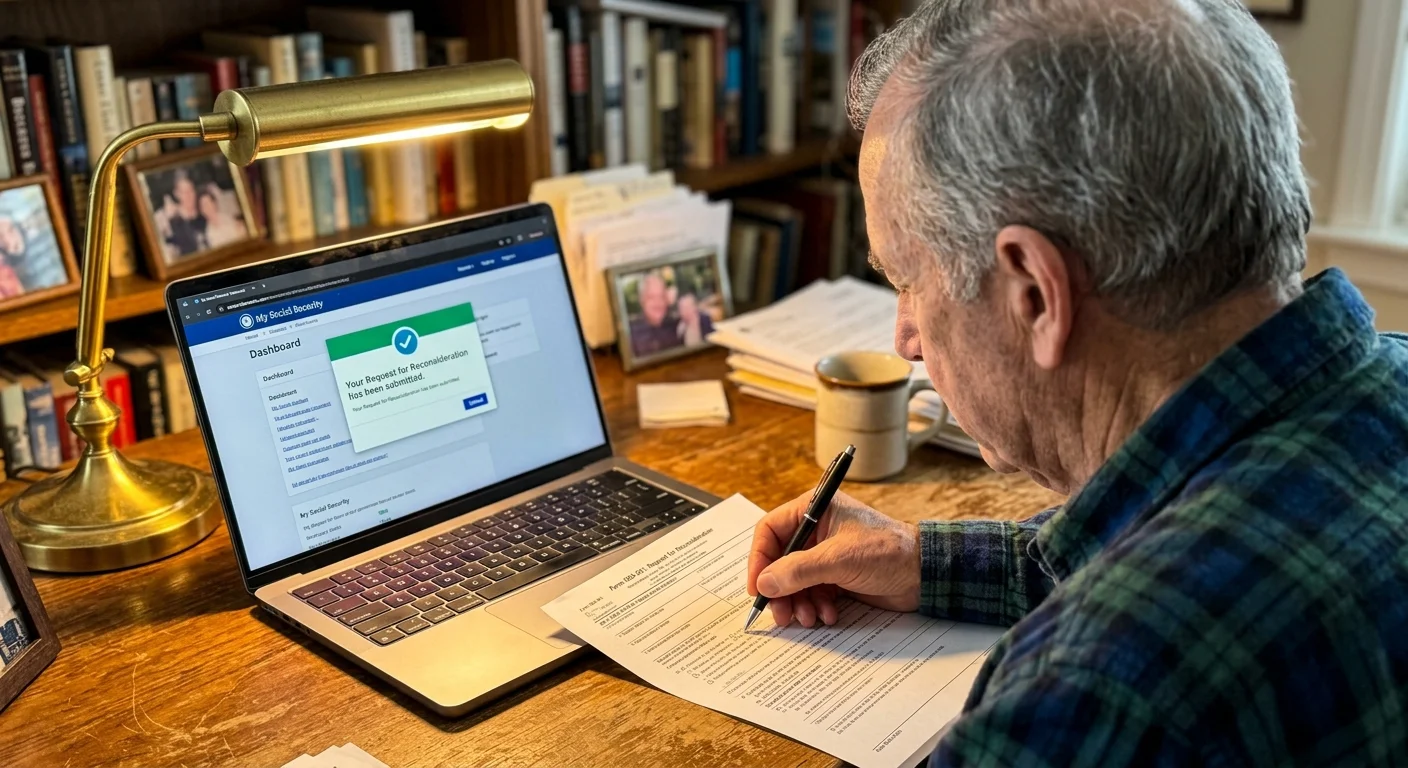 A close-up photograph of an older adult's hands filling out Form SSA-561 next to a laptop displaying the My Social Security portal.