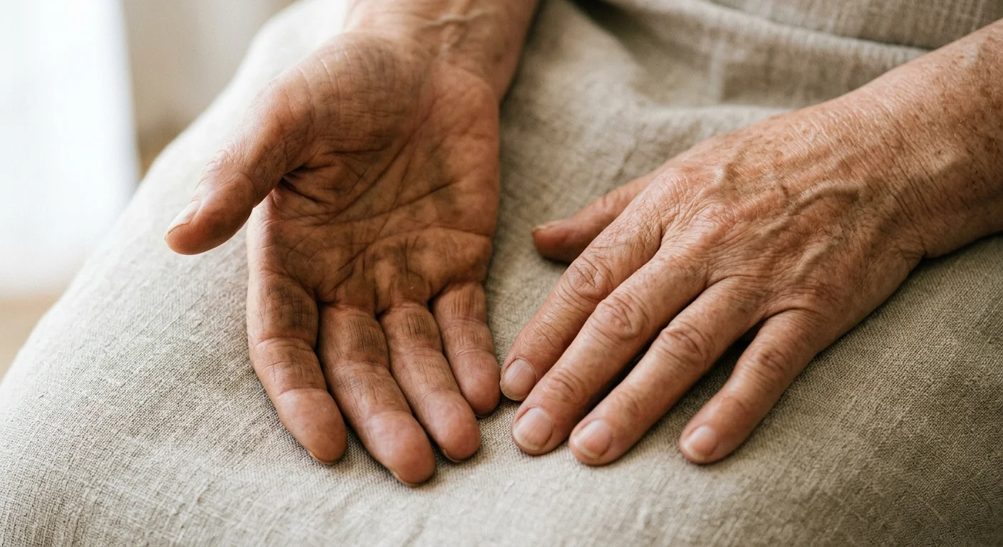 A close-up photograph of an older person's hands showing noticeable hyperpigmentation and bronzing in the skin creases and knuckles.
