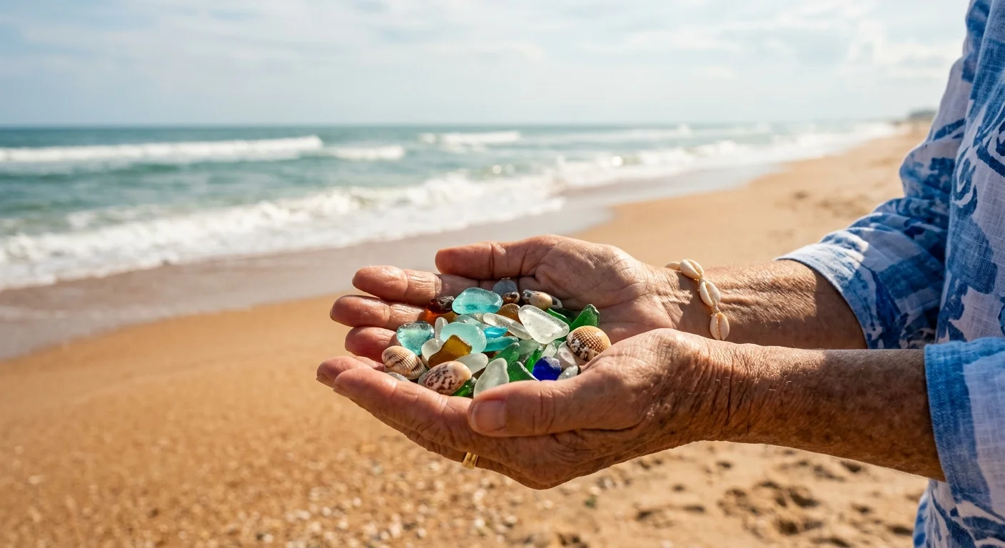 A close-up shot of an older adult's hands holding colorful sea glass on a quiet, coquina-sand beach in Florida.