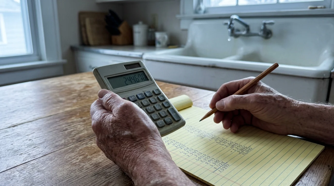 A close-up snapshot of a senior's hands using a calculator and writing on a yellow notepad at a wooden kitchen table.