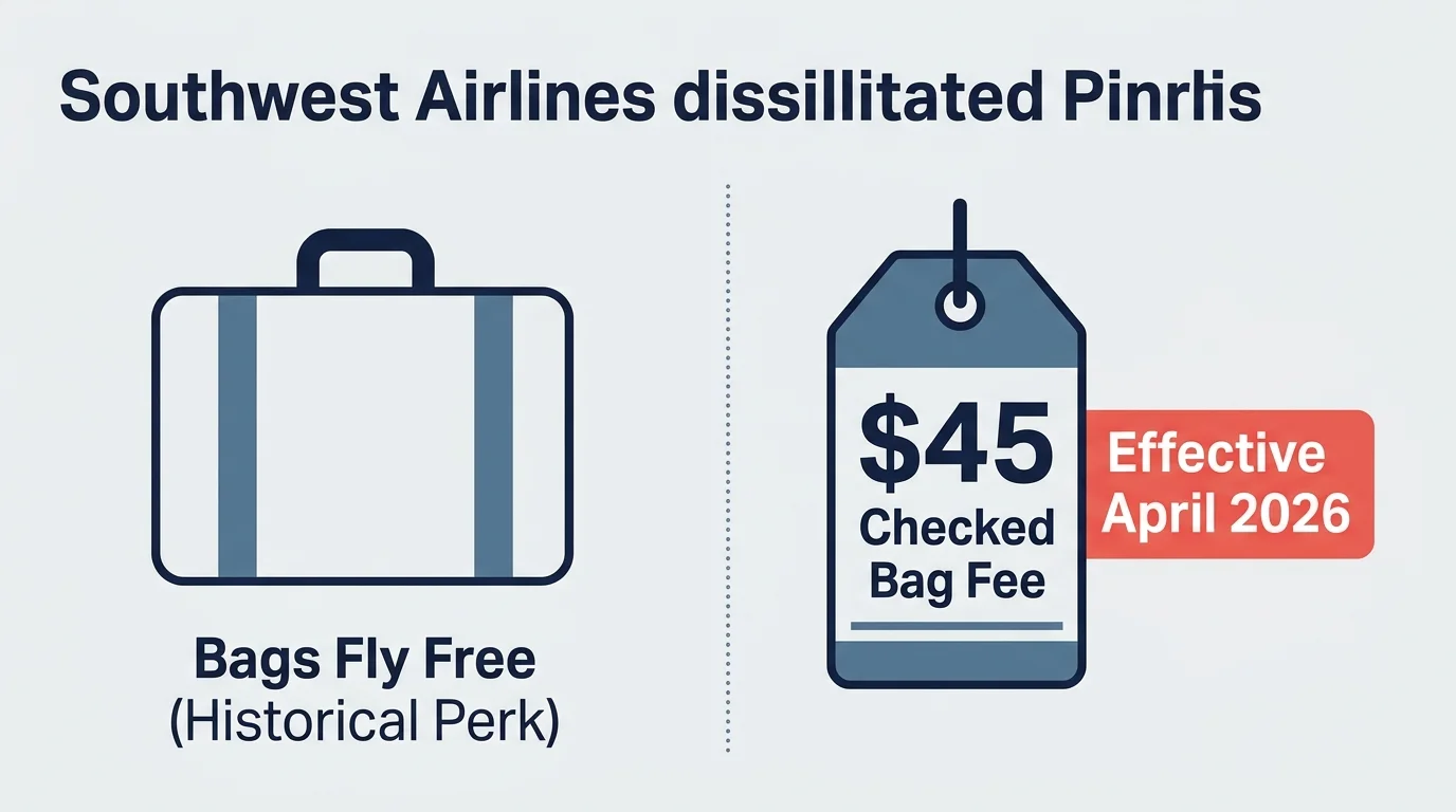 A comparative diagram showing Southwest Airlines' shift to a $45 checked bag fee starting in April 2026.