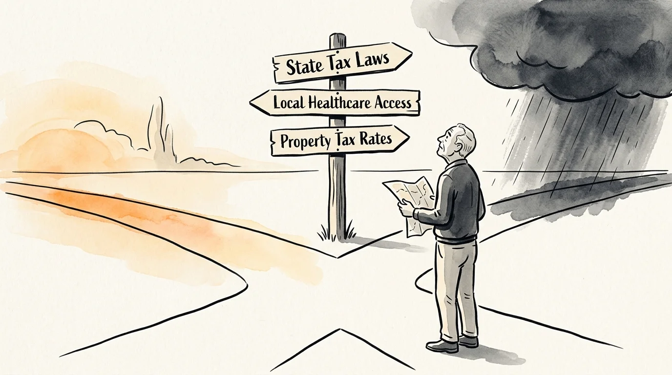 A conceptual illustration of an older man at a fork in the road, deciding between signs labeled for taxes and healthcare.