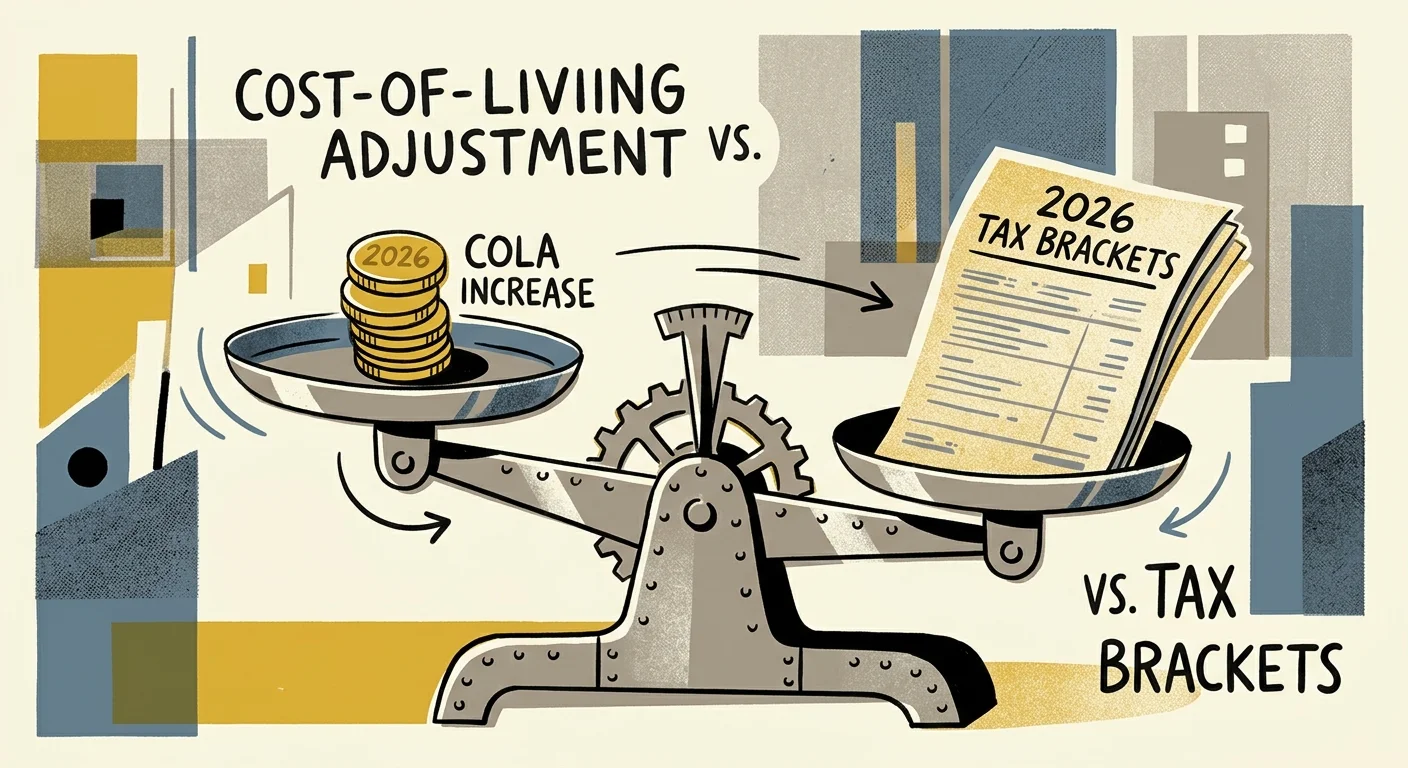 A conceptual illustration of balancing scales weighing golden coins against a heavy tax document.