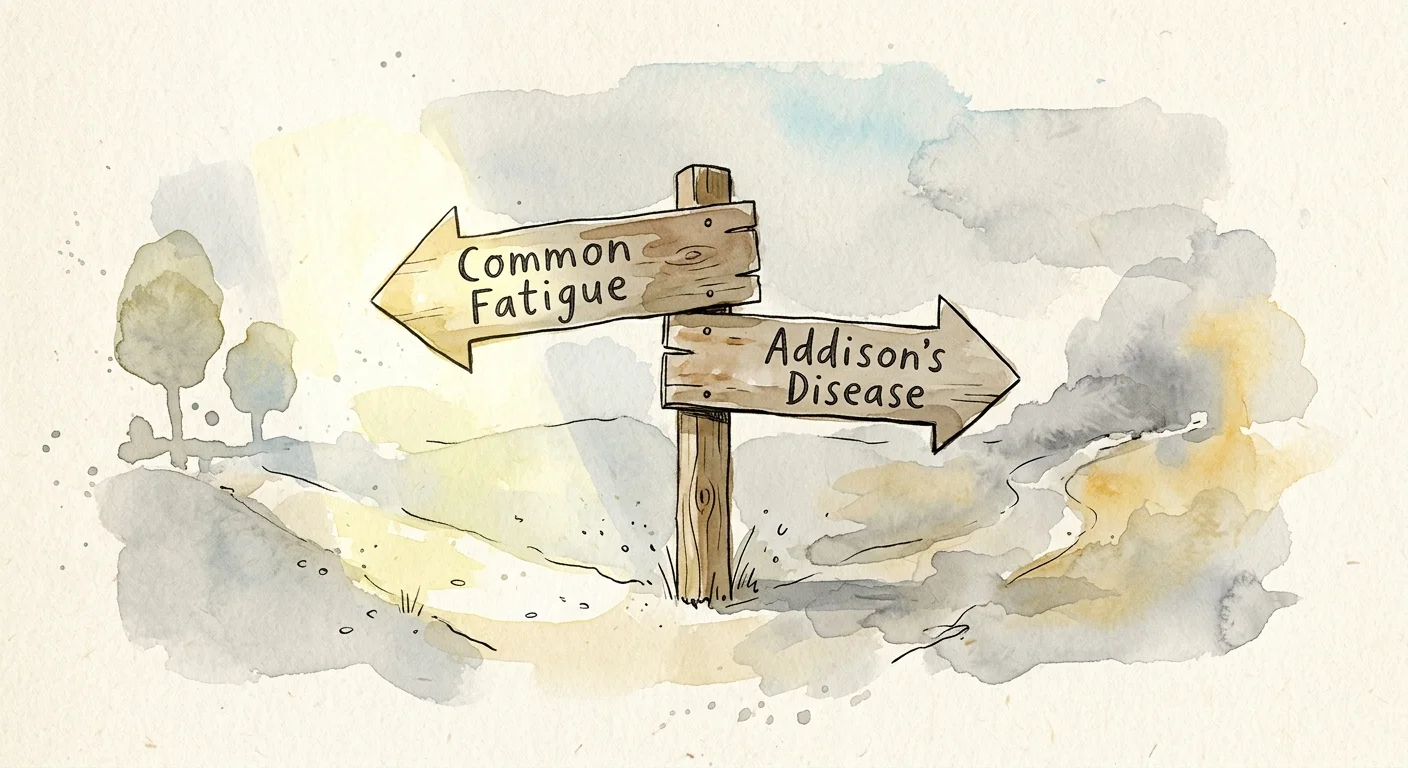 A conceptual watercolor illustration of a wooden signpost pointing to Common Fatigue and Addison's Disease, representing a diagnostic crossr
