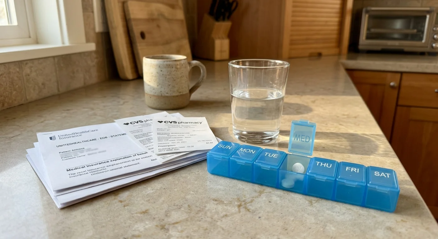 A daily pill organizer next to a glass of water and medical receipts on a sunlit kitchen counter, symbolizing treatment and costs.