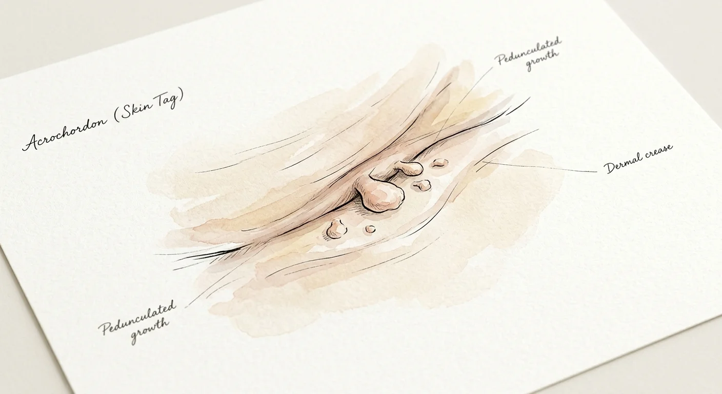 A delicate watercolor sketch showing a cluster of small, flesh-colored skin tags in a skin fold on a textured background.