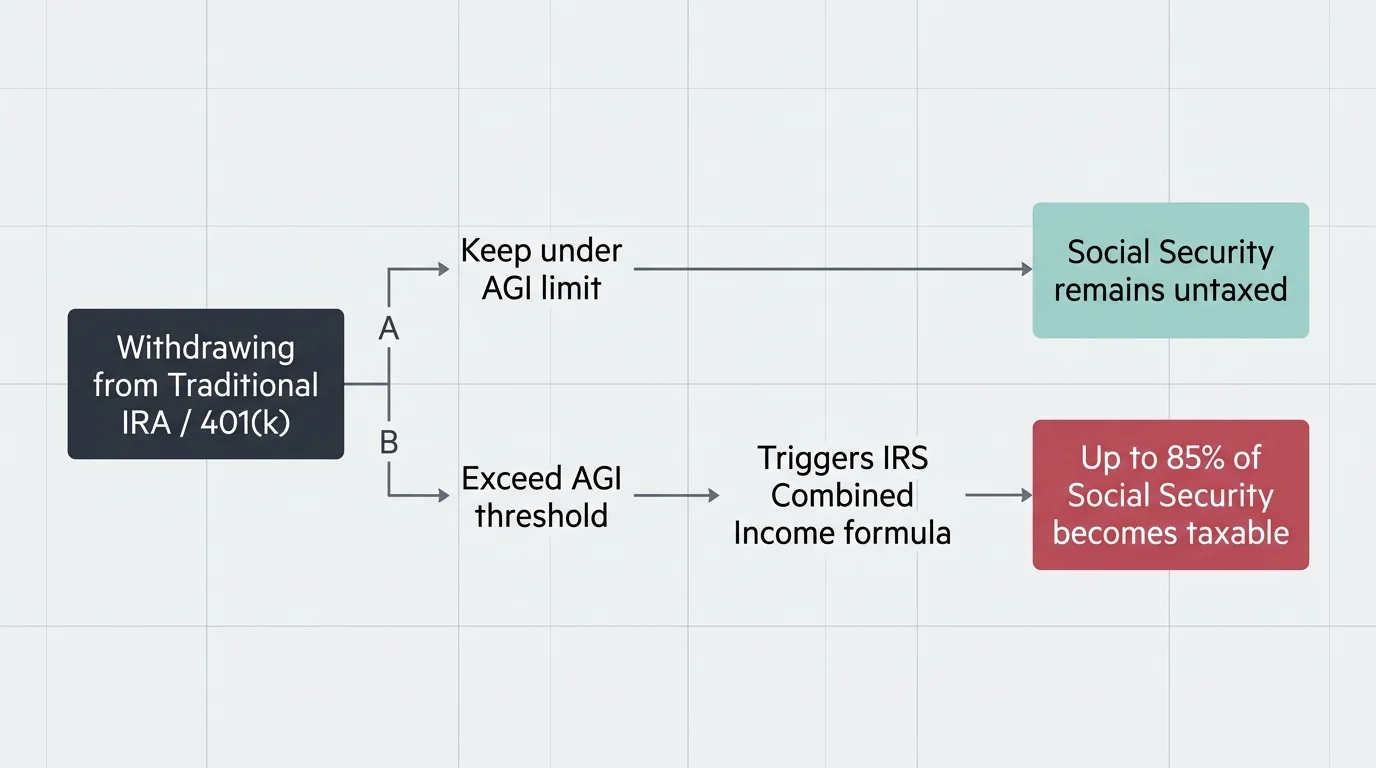 A diagram illustrating the decision paths of traditional IRA withdrawals and their impact on Social Security taxation.