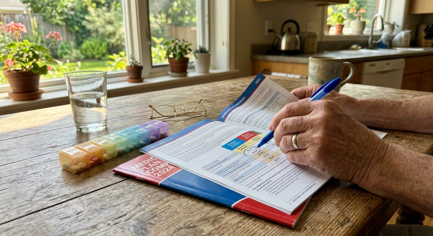 A documentary-style photo of a wooden table with a Medicare booklet, reading glasses, a pill organizer, and a hand writing with a pen.
