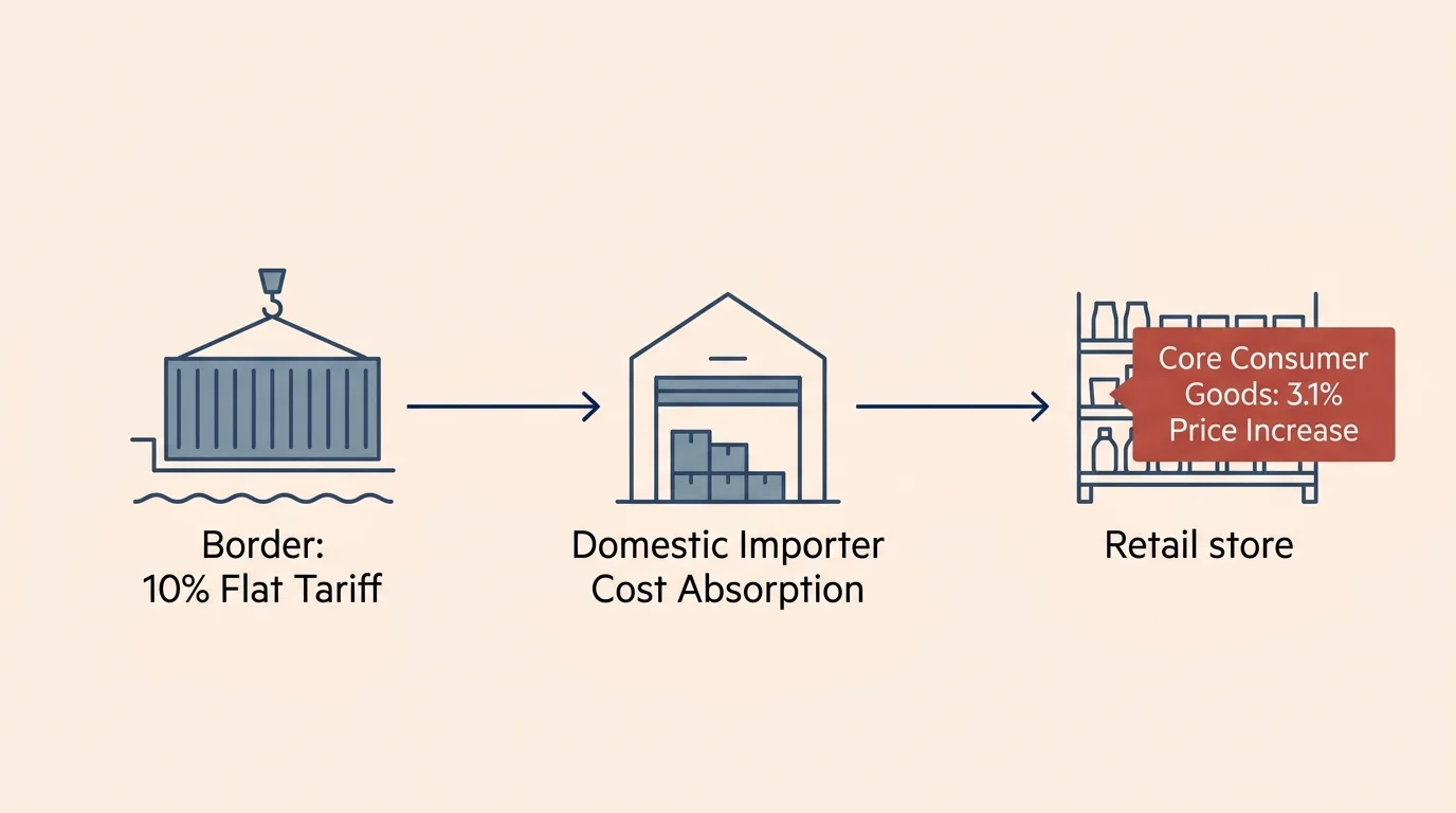 A flow chart diagram showing how a 10% flat tariff at the border leads to a 3.1% price increase for core consumer goods on retail shelves.