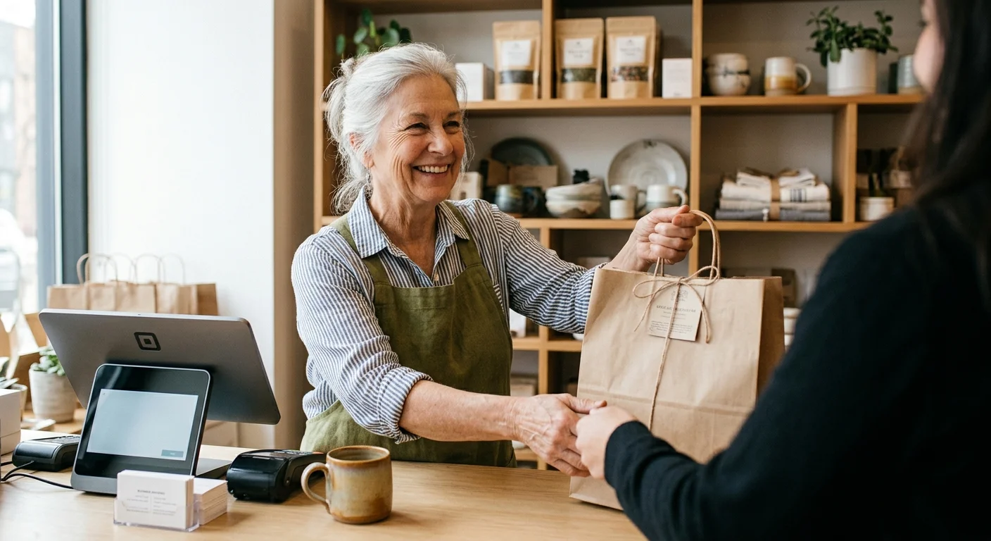 A friendly woman in her late 60s with silver hair happily hands a shopping bag to a customer at a boutique checkout counter.