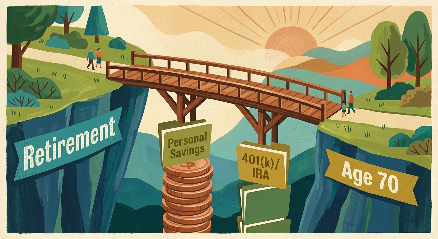 A gouache illustration of a wooden bridge spanning from Retirement to Age 70, supported by pillars of savings and retirement accounts.