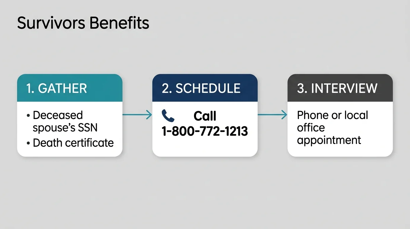 A horizontal 3-step flowchart showing the steps: 1. Gather documents, 2. Schedule by calling 1-800-772-1213, and 3. Attend the interview.