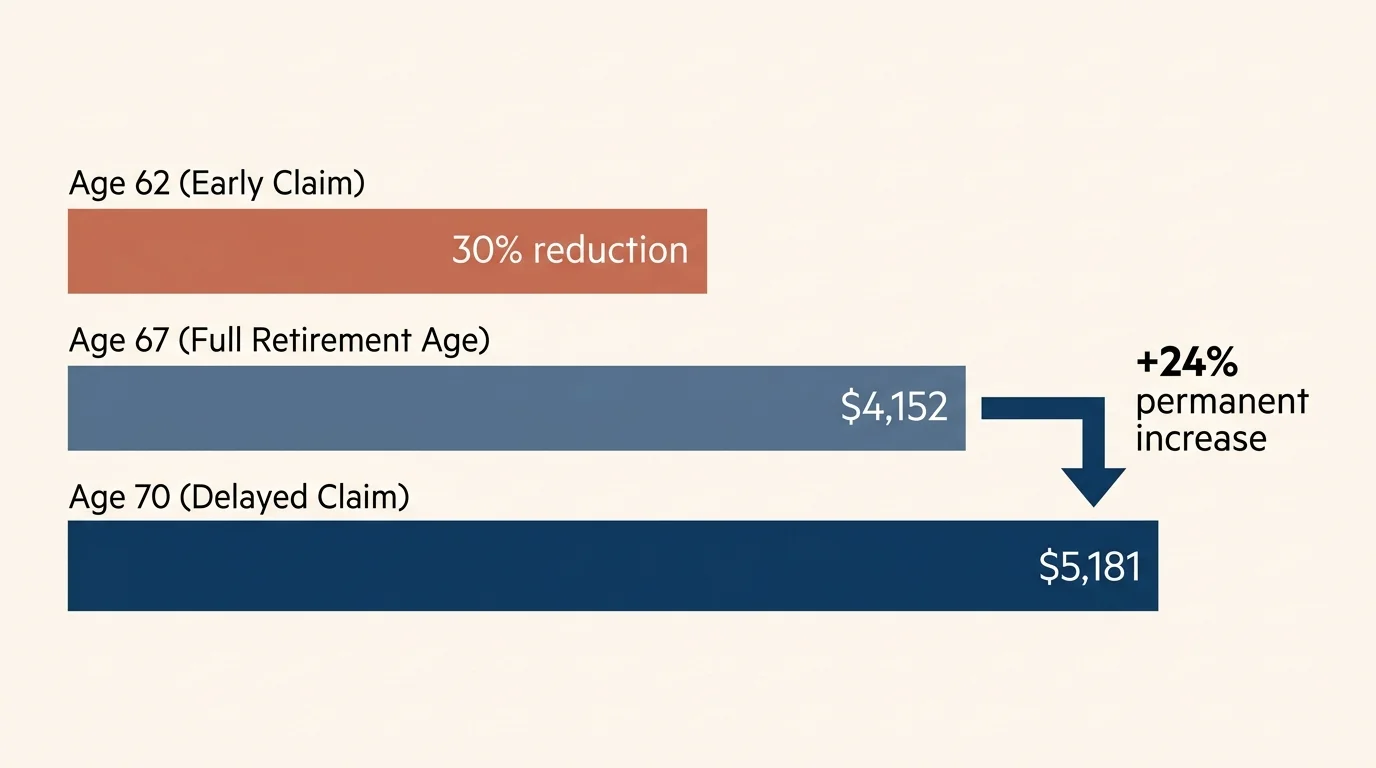 A horizontal bar chart comparing Social Security benefit amounts at age 62, age 67 ($4,152), and age 70 ($5,181) with a 24% increase.